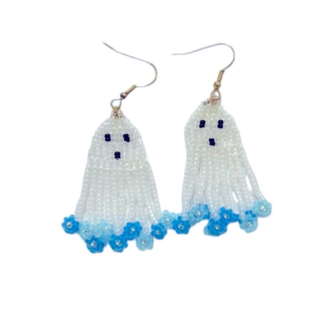 UNBRANDED Handmade BEADED Halloween GHOST Earrings With BLUE Accents